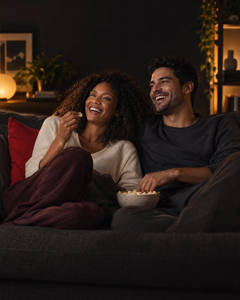 Casal sorrindo e dividindo uma pipoca no sofá
