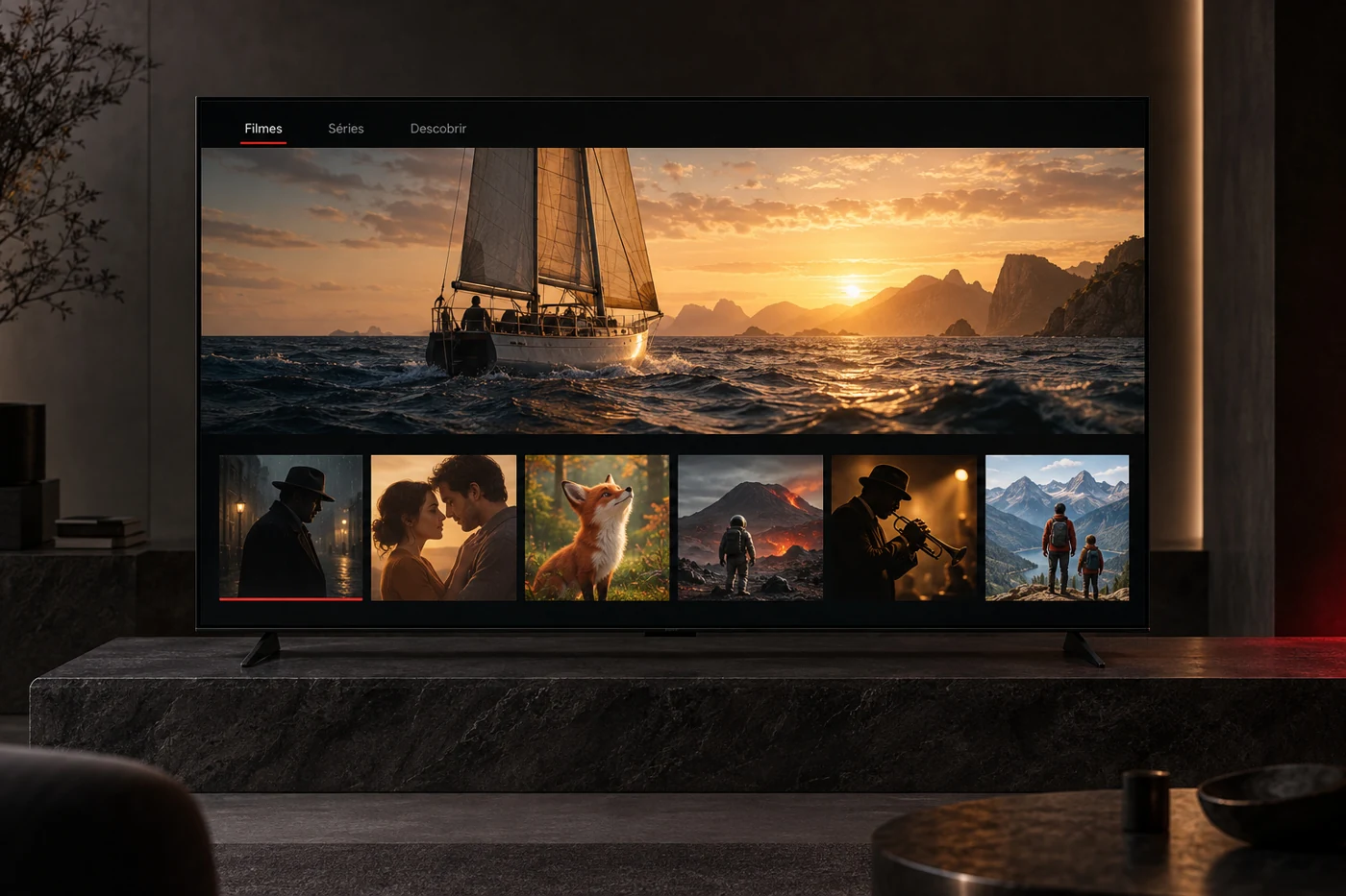 Smart TV em uma sala aconchegante, com uma aventura de barco ao pôr do sol
